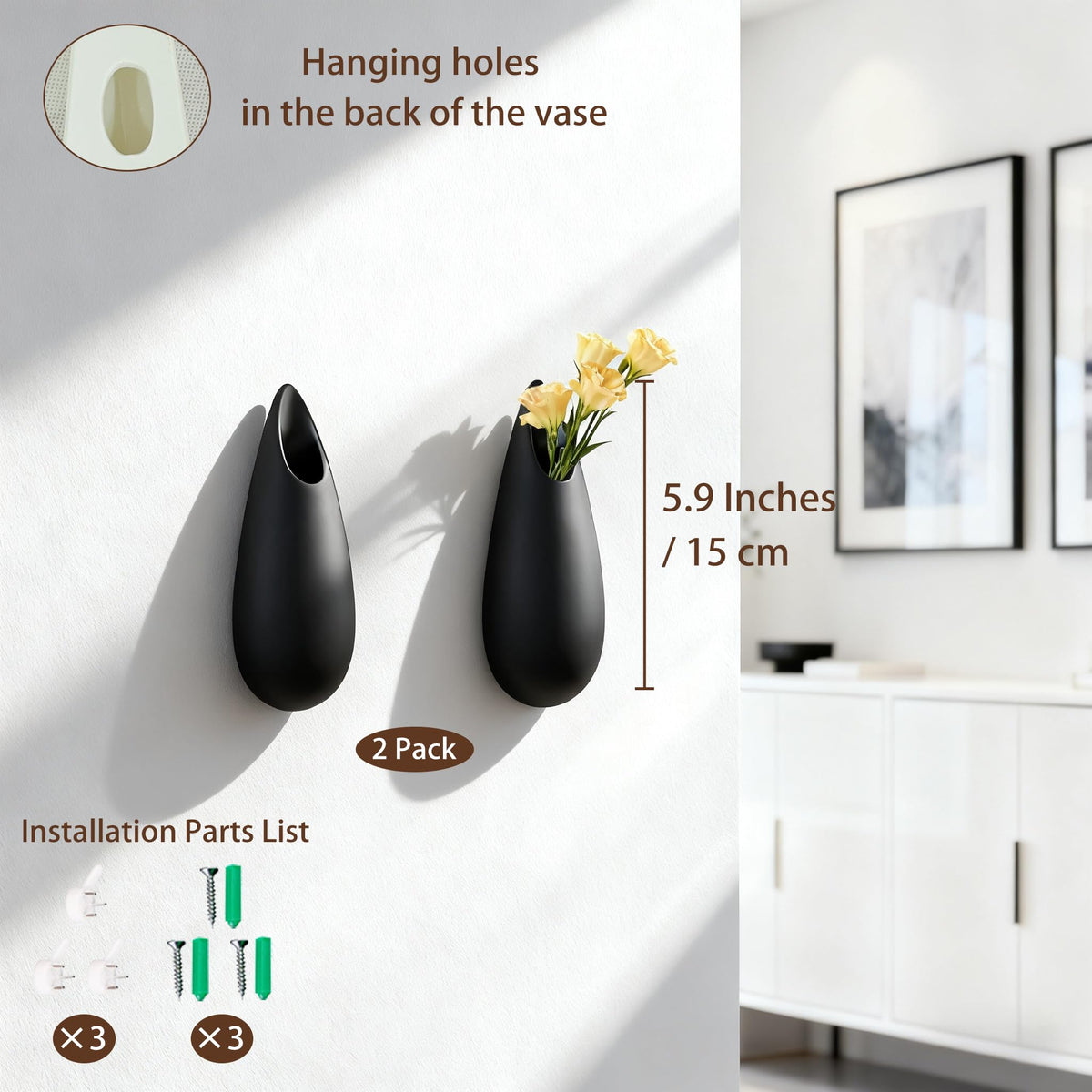 DOCFLVAS Sculptural Wall Ceramic Vase — 2 Pack Black Hanging Sconce Vase | Turn Flowers into Art — Decorative Ceramic Wall Sconce for Single Stem Displays