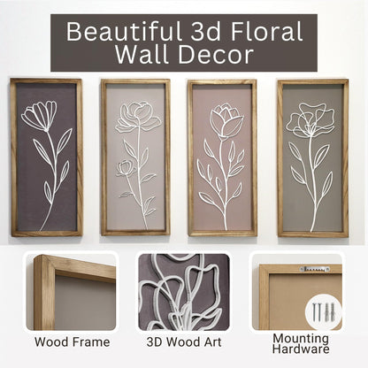 Product Elevations 3D Bathroom Art Set of 4 – Wooden Framed Wall Art for Living Room, Bedroom, Dining, Office, & Kitchen – Boho Botanical Wall Hanging Decor – Modern Farmhouse Home Decor & Luxury Gift