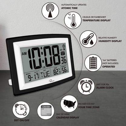 WallarGe Atomic Clock with Indoor Temperature and Humidity, 12.5 Inch Self-Setting Digital Wall Clock or Desk Clock, Battery Operated Digital Clock Large Display for Seniors, Auto DST