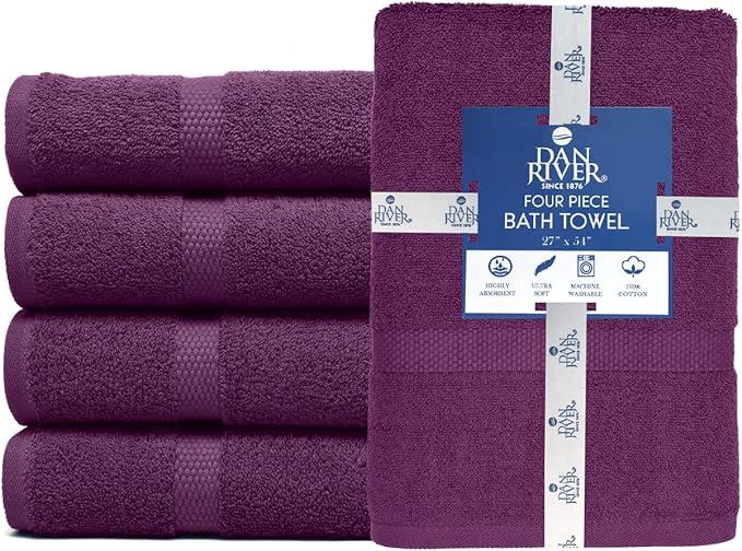 DAN RIVER Bath Towels Set of 4, 27 x 54 Inches, 100% Cotton, Larger & Lighter