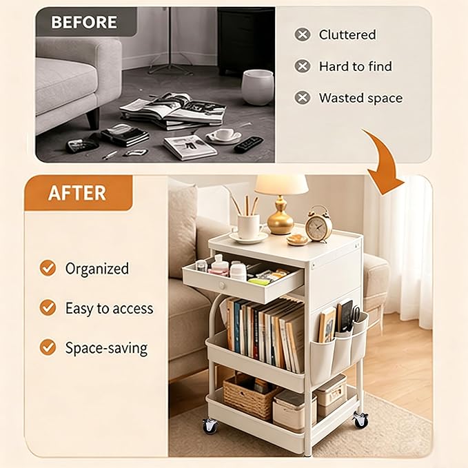 BLULEE 3-Tier Rolling Storage Cart with Pull-Out Drawer & Side Organizer | Heavy-Duty Carbon Steel Utility Cart with Lockable Wheels, Mobile Organizer Rack for Bathroom, Makeup, Nursery & Kitchen