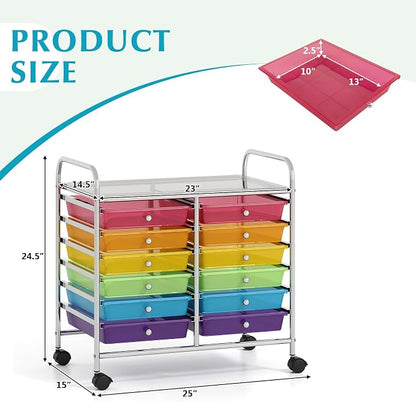 COSTWAY 12-Drawer Rolling Storage Cart, Utility Storage Organizer Cart for Tools, Scrapbook, Paper, Craft, Multipurpose Art Supply Organizer on Wheels for Home Office School, Teacher, Rainbow