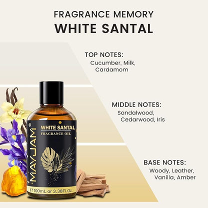 White Santal Fragrance Oil Essential Oil, MAYJAM 3.38FL.OZ White Santal Oil for Diffusers for Home, Long Lasting Scented Oils for Soap Candle Making - 100ML