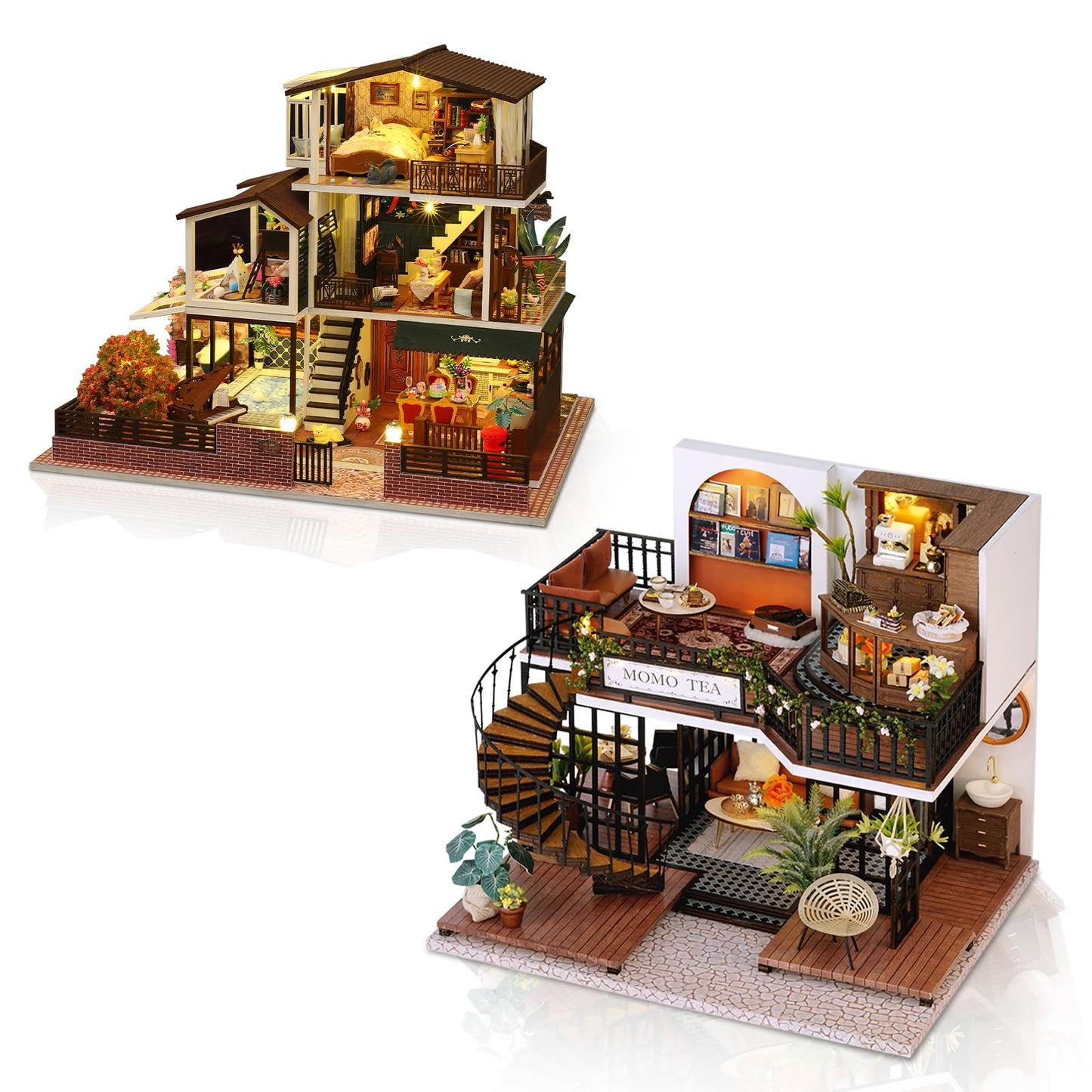 Hallisun DIY Miniature House Building Kits, Romantik Villa and Momo Tea House 3D Wooden Dollhouse Toys, Birthday Festival Gift for Teens Adults with Dustproof Covers