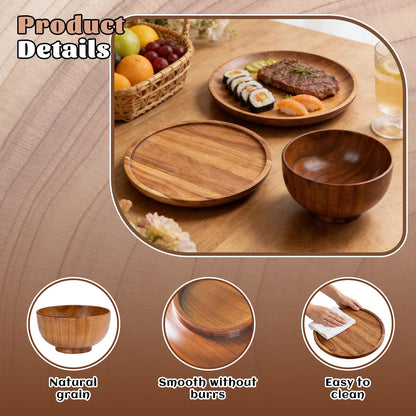 12 Pcs Wood Dinnerware Set,8 Inch 10 Inch Round Wooden Plates and wooden bowl,4 Person Set of Wooden Dinner Ware Set for Main Meals,Snacks and Desserts
