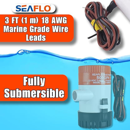 SEAFLO 01 Series 500 GPH Bilge Pump – 12V, 3/4" Outlet, Marine Submersible Pump with Anti-Airlock Protection, CE & Rohs Certified, 4-Year Warranty | Reliable for Boats and Marine Applications