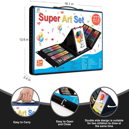 Art Supplies, 272 Pack Art Set Drawing Kit for Girls Boys Teens Artist, Deluxe Gift Art Box with Trifold Easel, Origami Paper, Coloring Book, Drawing Pad, Pastels, Crayons, Pencils, Watercolors(Black)