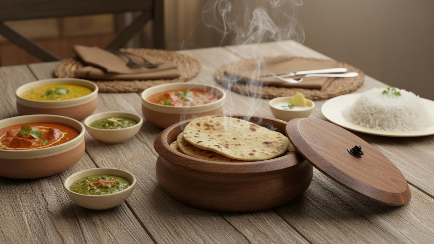 Handcrafted Wooden Mexican Tortilla Warmer Basket Indian Chapati Roti Bread Holder Box Pancake Keeper Serveware Hot Pot Casserole Dish With Lid Home Kitchen Dining Decor, Natural Brown, 9 x 4 Inches