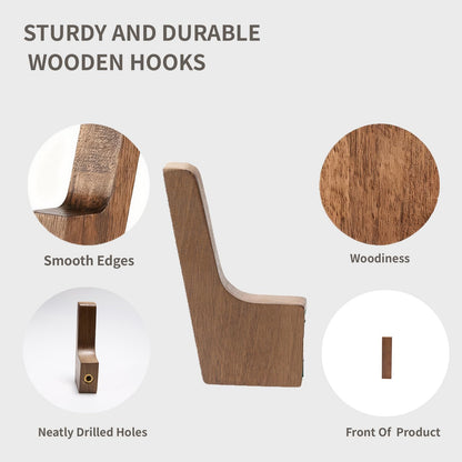PinEther 6 Pack Walnut Wood Wall Hooks – Handcrafted Solid Wood Hooks for Coats, Hats, Bags, Towels – Minimalist Design, Hidden Mount, Eco Wax Finish, Moisture-Resistant,Bathroom, Bedroom, Kitchen