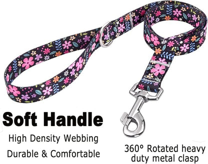 Mihqy Dog Collar and Leash Set with Bohemia Floral Tribal Geometric Patterns - Soft Ethnic Style Collar Adjustable for Small Medium Large Dogs(Floral Set,L)