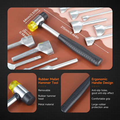 15 PCS Leather Corner Punch Set, Half-Round & End Punch 10-40mm, Alloy Steel Leather Craft Kit with Double Sided Nylon Hammer for Belts, Purses, Wallets, Watch Straps & DIY Projects