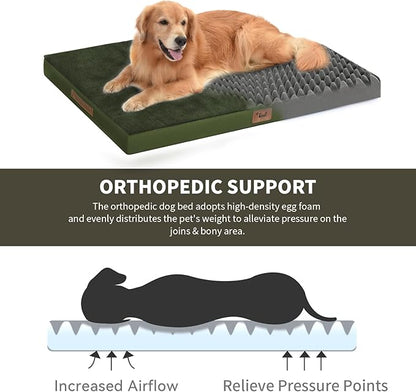 Flat Extra Large Dog Bed, Jumbo Waterproof Dog Bed for Large Dogs, Orthopedic Egg Crate Foam Pet Mat with Removable Washable Cover, Olive Green