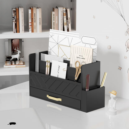 WISUCART Bamboo Desk Organizer Mail Holder Countertop Wood Desk Drawer Tabletop Storage Box Pen Holder Letter Sorter Makeup Organizer for School Home Office Supplies with Pen Holder Black