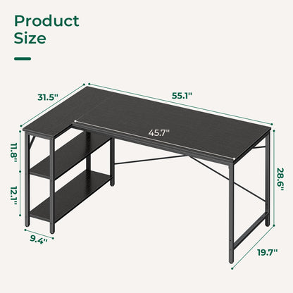 Huuger L Shaped Desk, 55 Inches Computer Desk with Reversible Storage Shelves, for Gaming Corner Home Office Writing Study, Metal Frame, Black