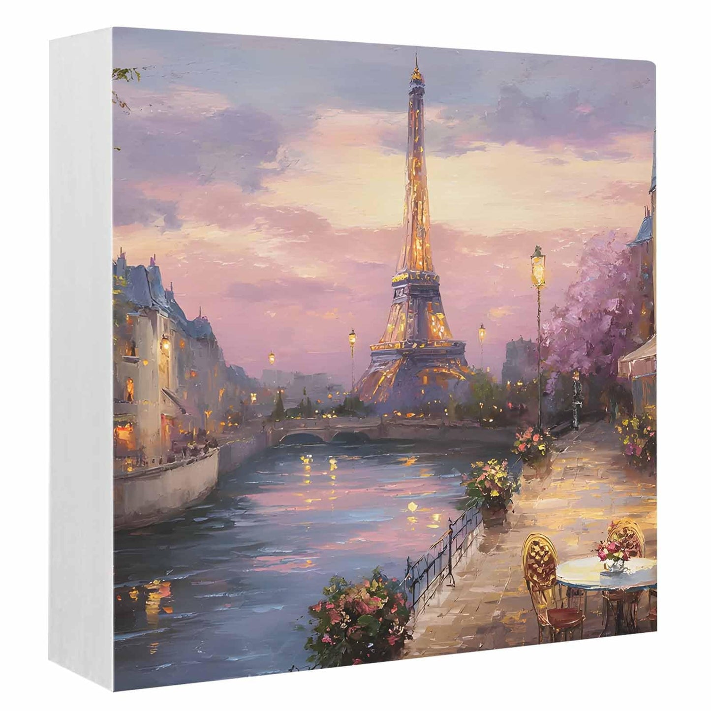 Eiffel Tower Wood Box Sign Desk Decor, Modern Purple Sunset Bridge River Night View Decorative Wooden Block Box Sign Decorations for Home Office Shelf Table Decor 6x6 Inches