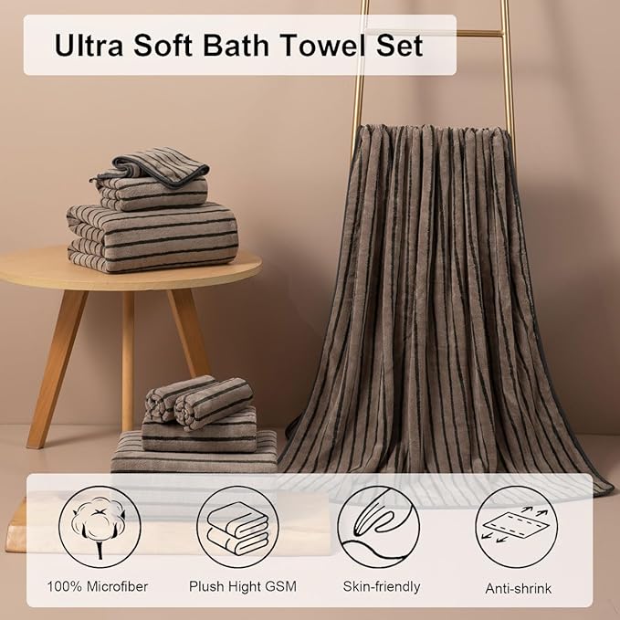 8 Pcs Polyester Brown Cabana Stripe Large Bath Towel Set-2 Bathroom Towels