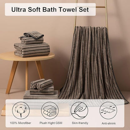 Oliven 4 Piece Brown Cabana Stripe Large Bath Towels Oversized Bath Sheet Super