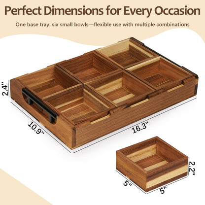 Exttlliy Acacia Wooden Modular Serving Tray with Handle, Set of 6 Rectangular Trays for Charcuterie, Fruit, Snacks, Appetizers & Desserts, Serving Platter for Parties, Home Decor & Coffee Table