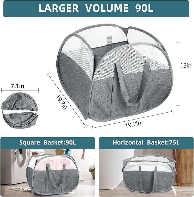 2 Pack Collapsible Laundry Baskets, 90L Large Foldable Laundry Basket, Pop Up