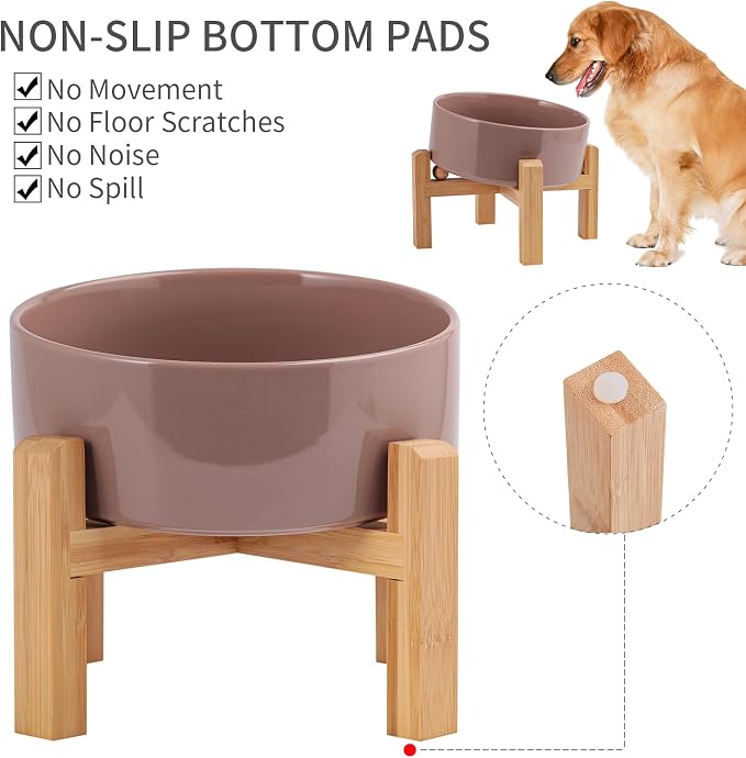 Khaki Elevated/Raised 15°Tilted Anti Slip Ceramic Dog Bowl for Small/Medium Breeds,Slanted Bulldog Big Face Pet Food Water Feeding Dish with Stand for Cats and Dogs (3.6 Cups/28 OZ)