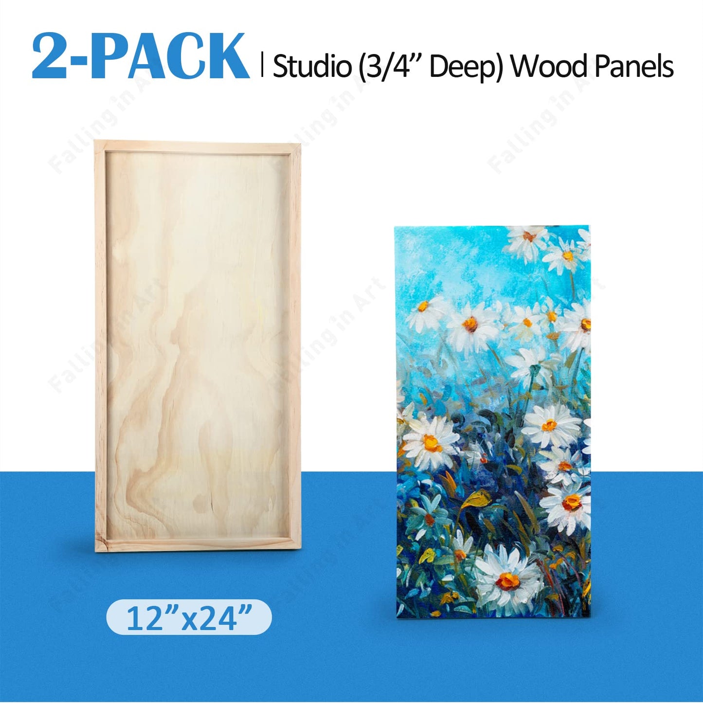 Falling in Art Unfinished Birch Wood Panels Kit for Painting, Wooden Canvas 2 Pack of 12x24’’ Studio 3/4’’ Deep, Cradle Boards for Pouring, Art, Crafts, Burning and More