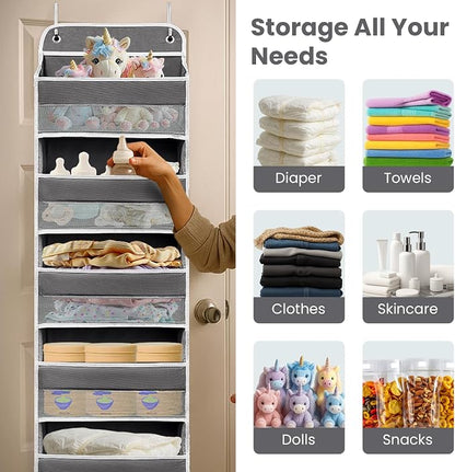 Easy Assembly Over The Door Organizer, 5 Shelves& 8 Side Pockets, Heavy-Duty Reinforced Mesh Rack Holds 44lb, Hanging Behind Door Storage for Bathroom Pantry, Nursery, Closet, Shoes, Towels- Dark Grey