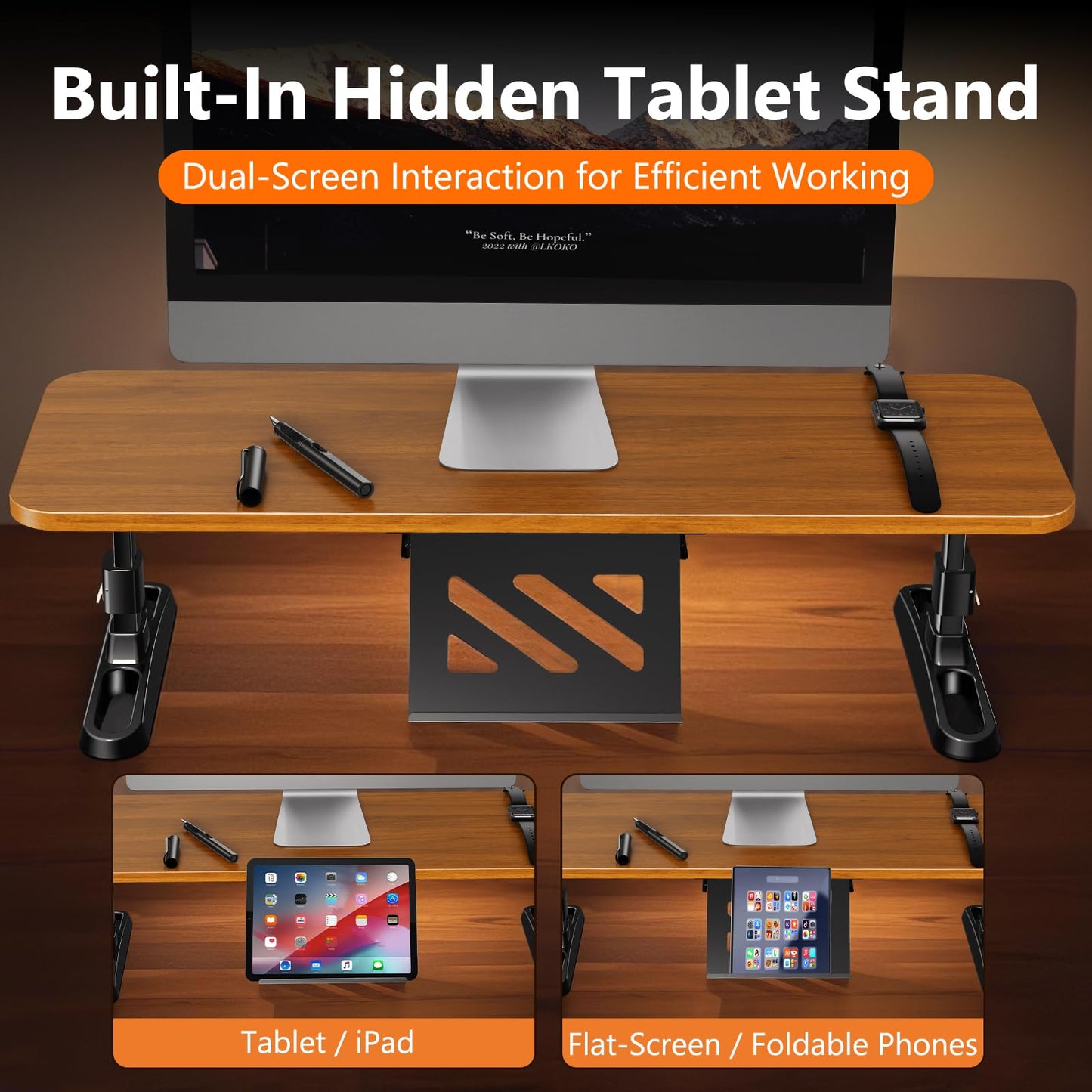 nediea Wooden Monitor Stand Riser with Height Adjustable Button, Ergonomic Computer & Laptop Stand with Hidden Tablet Holder, Keyboard Storage & Desktop Organizer for Home Office Kitchen