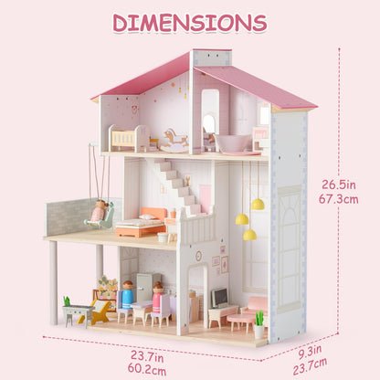 SainSmart Jr. Wooden Dollhouse for Girls, Modern Family Doll House with 37Pcs Furniture & Accessories, 3-Story Pretend Playhouse Toy Gift for Kids Ages 3+