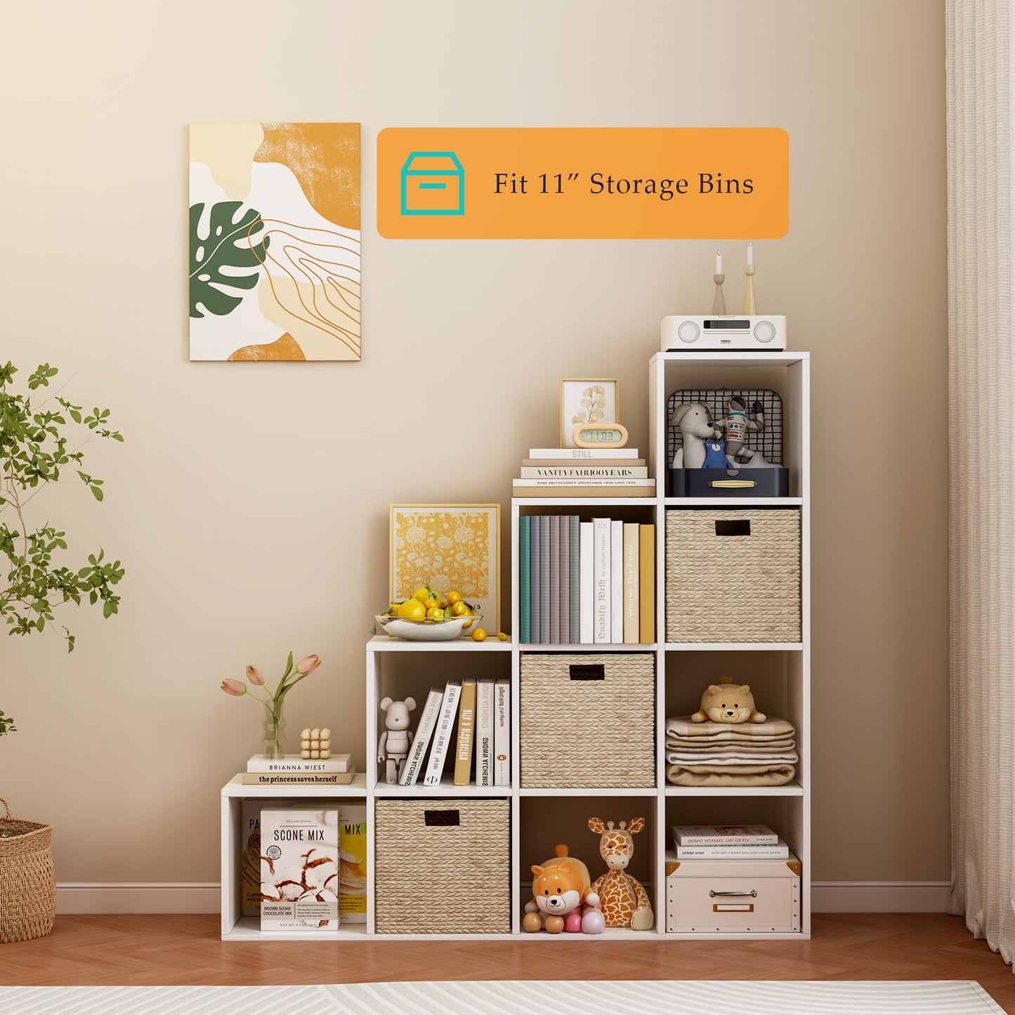 OSCHF Ladder Cube Storage Bookcase - Wooden L-Shaped 4-Tier Corner Shelf, Reversible 10-Cube Organizer for Home & Office, White