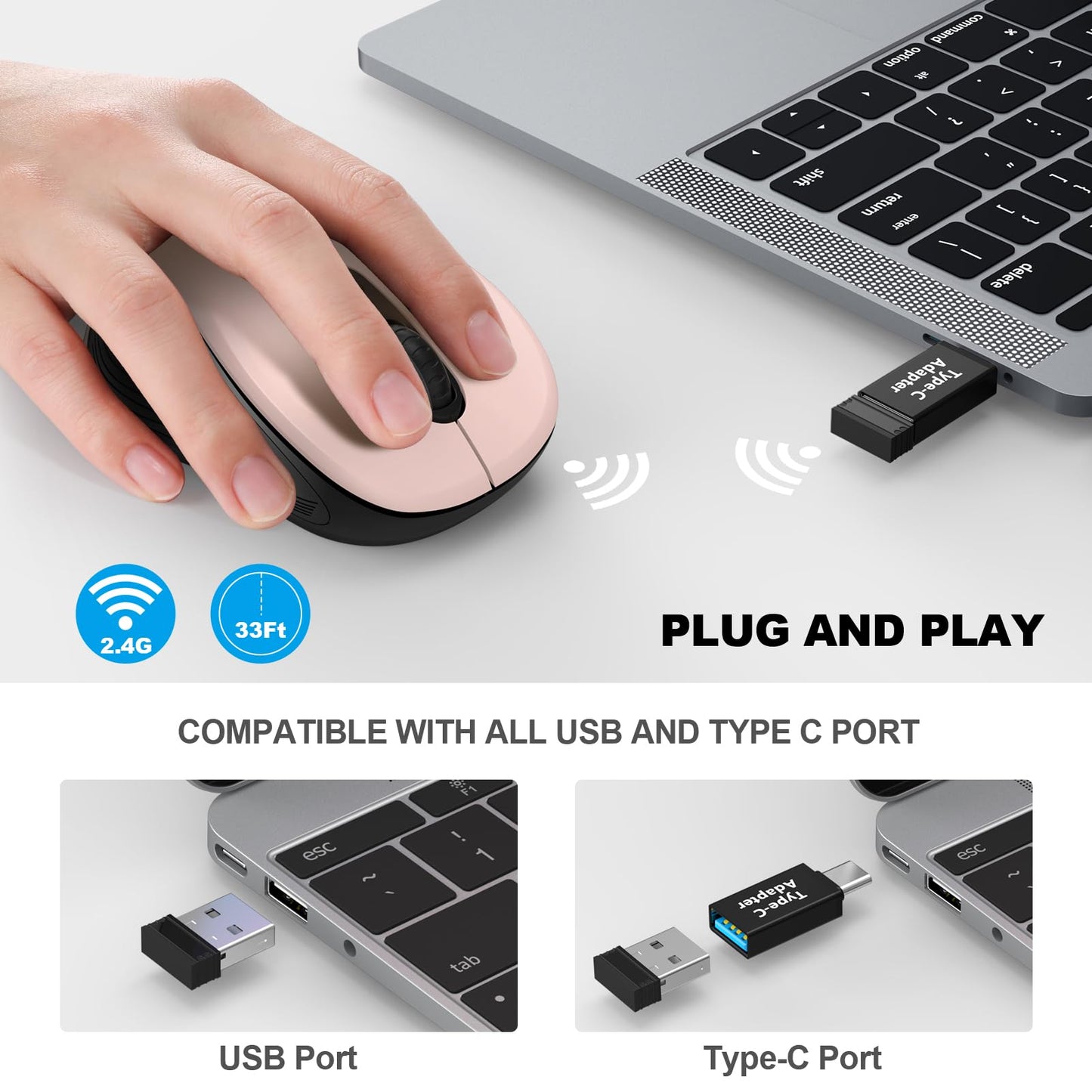 WisFox 2.4G Wireless Mouse for Laptop, Ergonomic Computer Mouse with USB Receiver and 3 Adjustable Levels, 6 Button Wireless Mice for Windows Mac PC Notebook (Grey)