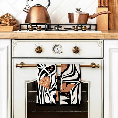 Abstract Boho Black and Beige Brown Floral Kitchen Towels Set of 2, 70s Retro