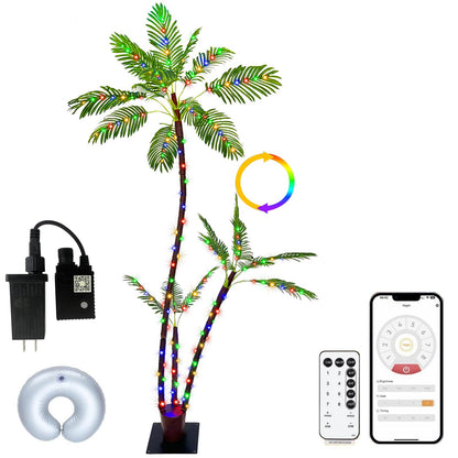 SOSHOT 6FT Lighted Artificial Palm Tree with Three Trunks and 212 LED Lights with Remote Control and App Waterproof for Tiki Bars, Patios,Beaches,Yards Pool, Cruise Party-Warm White to Multicolor