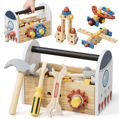 Wooden Kids Tool Set, Space Themed Montessori Toy, 47Pcs Construction Toolbox for Toddlers 3-5 Years Old