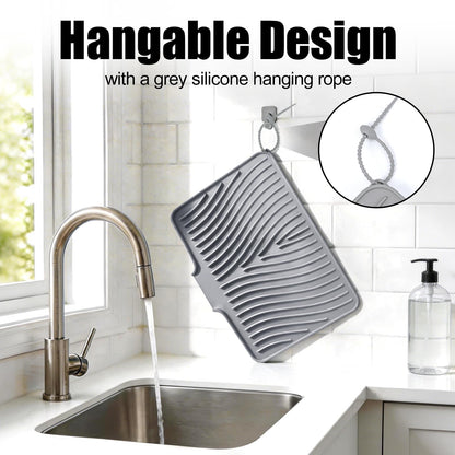 TIKNIK Silicone Dish Drying Mat for Kitchen Counter - Heat Resistant & Non-Slip Dish Drain Pad with Built-In Drain, Dishwasher Safe, Quick-Dry, Hangable & Roll-Up for Storage, Grey-1pcs, 16" x 12"