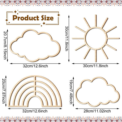 4 Pieces Boho Nursery Cloud Star Wall Decor Wooden Babyroom Moon Rattan Wall Decor Wooden Rainbow for Children Baby Kids Boys Girls Bedroom Nursery Pendant(Cloud Rainbow Sun)