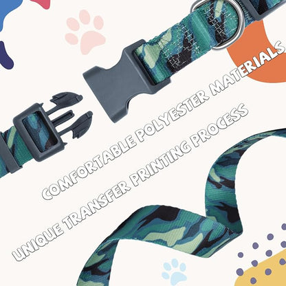 Print Patterned Dog Collar Leash Set, Adjusted Quick-Release Plastic Buckles and Heavy-Duty Steel D-Ring Nylon Collar Leash Set Strong Durable, Green Camo,S
