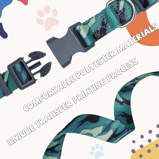 Print Patterned Dog Collar Leash Set, Adjusted Quick-Release Plastic Buckles and Heavy-Duty Steel D-Ring Nylon Collar Leash Set Strong Durable, Green Camo,M