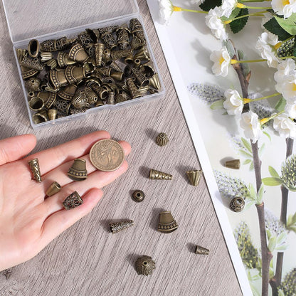 SOFPLATE 100Pcs 10 Styles Flower Bead Caps Cone Bead Spacers Tibetan Style Antique Bronze Flowers Tassel End Caps Supplies for Jewelry Making Women DIY Crafting Findings Earrings Accessories