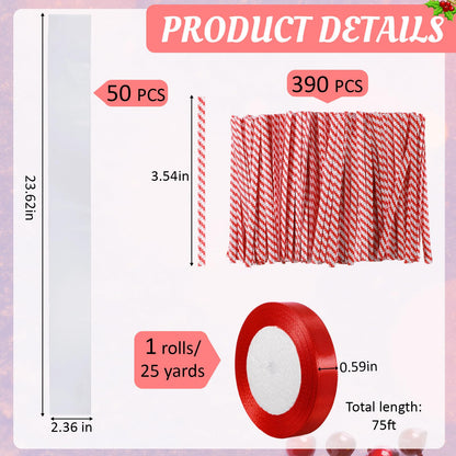 Dunzoom 50/100 Set 2'' x 24'' Christmas Candy Wrapping Gifts Treat Bags Set Plastic Transparent Bags with Twist Tie and Loop of Ribbon for Xmas Party Favors Chocolates Candy Wreath Making Kit