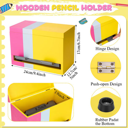 Yalikop 1 Pc Wooden Pencil Dispenser for Classroom Pastel Wood Pencils Holder for up to 200 Pencils Reusable Straw Dispenser for Home Office Teachers Supplies Storage (Stripe,Pink,Yellow)
