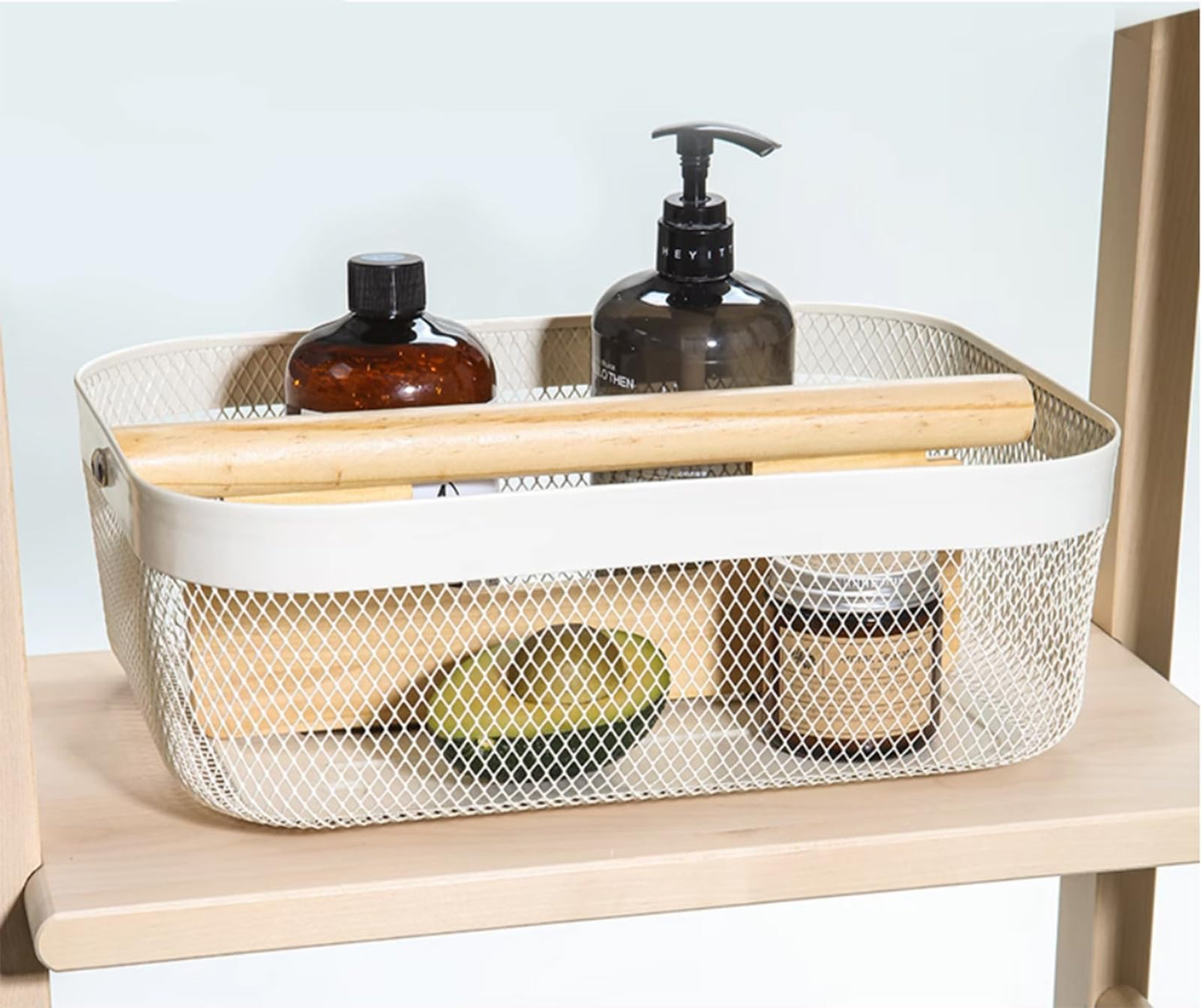 AJIODA Metal Mesh Steel Storage Basket, Garden Harvest Wire Organizer Basket Multi-functional Kitchen Fruit Basket with Wooden Removable Partition & Handle for Bath Picnic Decor Cabinet, Cream White
