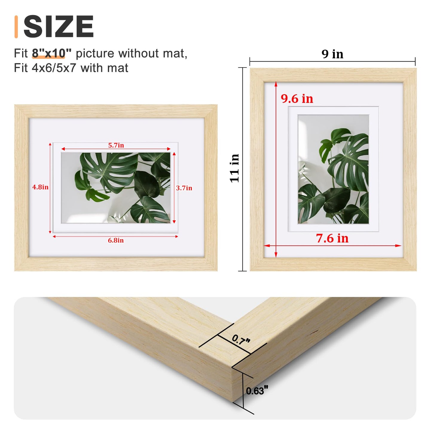 Egofine 8x10 Picture Frames Set of 4, Made of Solid Wood Covered by Plexiglass 4x6 and 5x7 with Mat or 8x10 without Mat, for Table Top Display and Wall Mounting Photo Frame Oak Wood