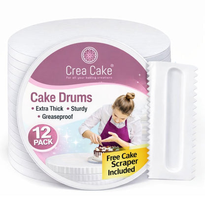 Crea Cake - 12 Pack Cake Drums 10 Inch Round & Free Large Cake Scraper - Premium Boards ½ Inch Thick, Food-Grade & Greaseproof Base para Pastel, Sturdy Cardboard for Professional Wedding Display, Glossy White