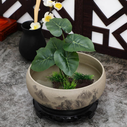 Angoily Pottery Lotus Bowl Planter Bonsai Tree Pot Ceramic Flower Pot No Drainage Hole Hydroponic Water Lily Bowl with Base 6.7 Inch Round Narcissus Container for Indoor Zen Home Decor