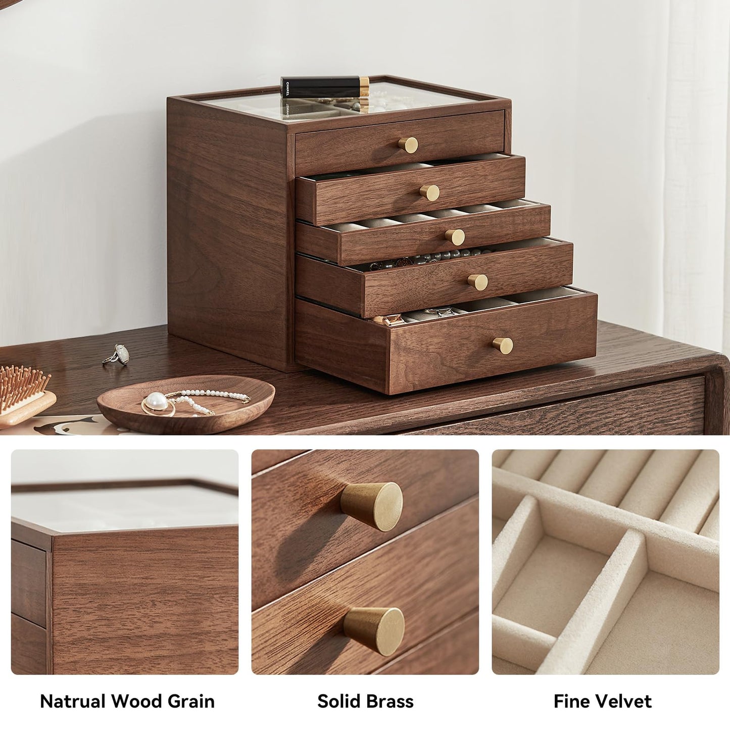 CHOSIN Black Walnut Wooden Jewelry Box Women large 5 Level Drawer Organizer Box with Glass Lid for Necklaces Watch Necklace Ring Earring Storage, Ideal Gift for Her, Fathers Day Gift