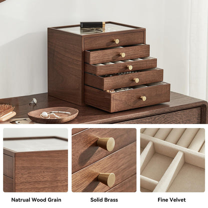 Homruilink Black Walnut Wooden Jewelry Box Women large 5 Layer Drawer Wood Organizer Box with Glass Lid for Necklaces, Watch, Necklace, Ring, Earring Storage - Fathers Day Gift