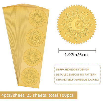 CRASPIRE 100pcs Gold Foil Stickers Embossed Certificate Seals Self-Adhesive Stickers Medal Decoration Stickers Certification Graduation Corporate Notary Seals Envelope (Sun)