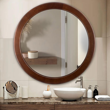 CULER Round Mirrors 30 Inch,Wood Vanity Wall Rustic Mirror with Walnut Frame, Wooden Mirror for Bathroom Bedroom Living Room Or Entryway(Walnut Brown)