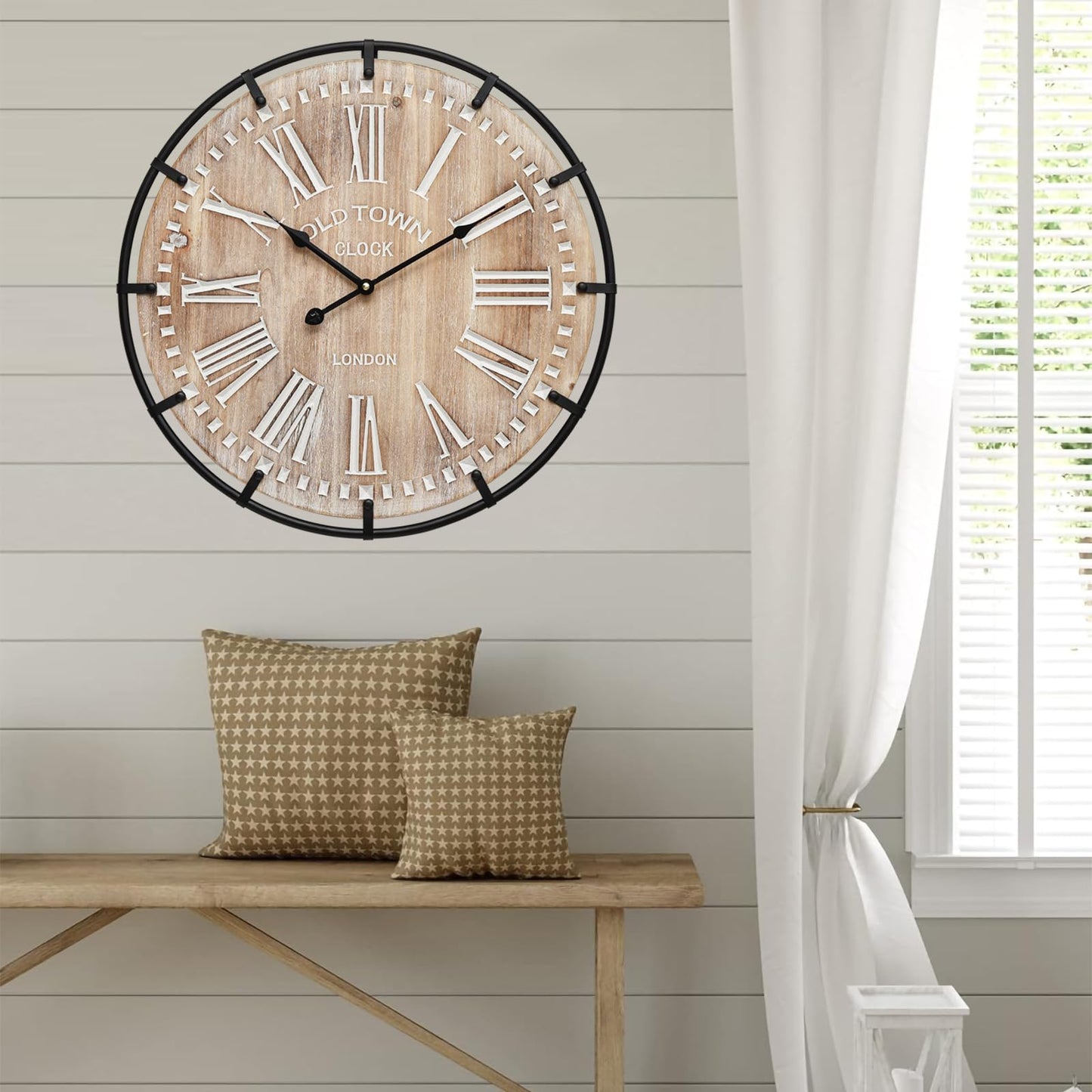 MICWIC 24 Inch Grand Farmhouse Wall Clock, Vintage-Inspired Wood & Metal Design with Large Etched Numbers, Silent Battery-Powered Timepiece for Offices, Kitchens, Bedrooms, and Living Rooms