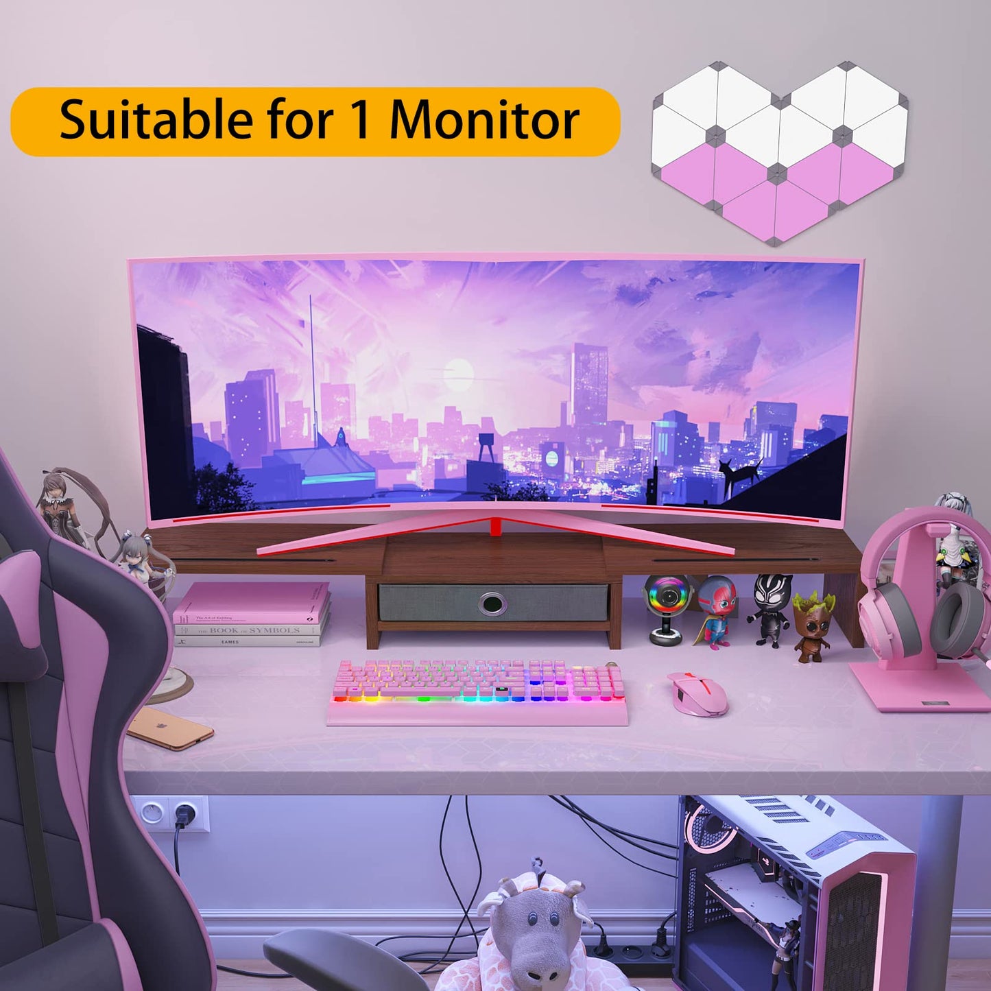 WESTREE Dual Monitor Stand Riser with Drawer - Adjustable Length and Angle, 2 Phone Hold, Desktop Organizer for Computer/Laptop/PC/Printer